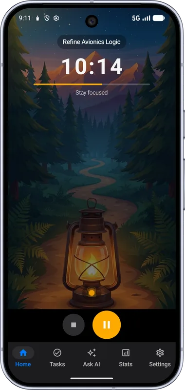 FocusFlow aesthetic Pomodoro timer with a lantern journey visual and calm forest path